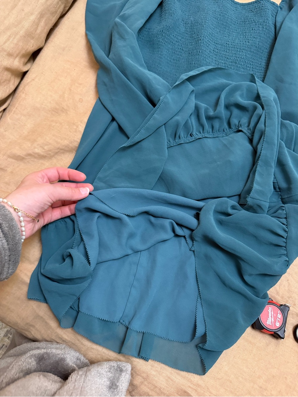 Aritzia Tempest Teal Smocked Square-Neck Mini Dress - Picture 6 of 11